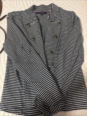 Tommy Hilfiger Navy and White Striped Double-Breasted Knit Blazer